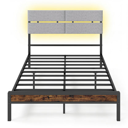 Full Size Metal Bed Frame with LED Lights and Charging Station for Bedroom-Rustic Brown