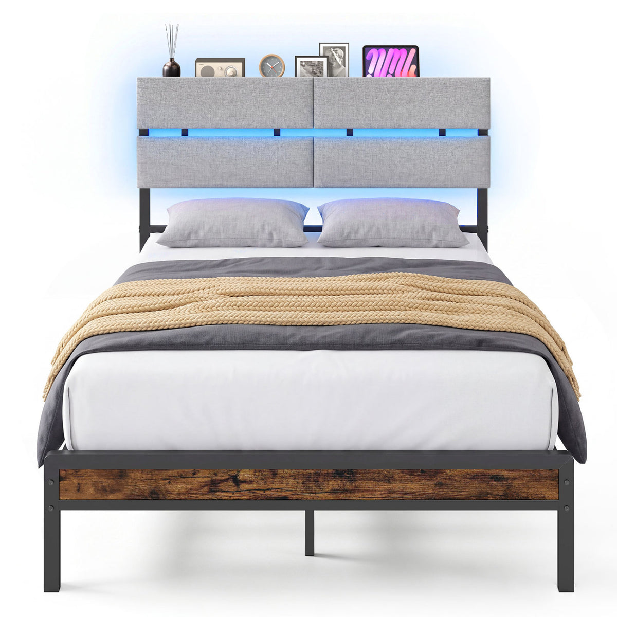 Full Size Metal Bed Frame with LED Lights and Charging Station for Bedroom-Rustic Brown