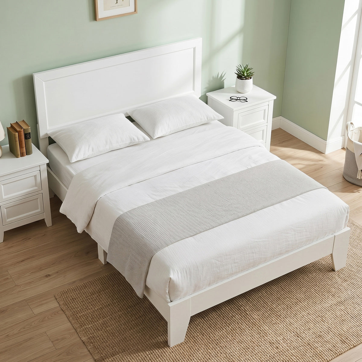 Modern walnut full-size bed frame with headboard, no box spring needed, suitable for contemporary bedroom decor.