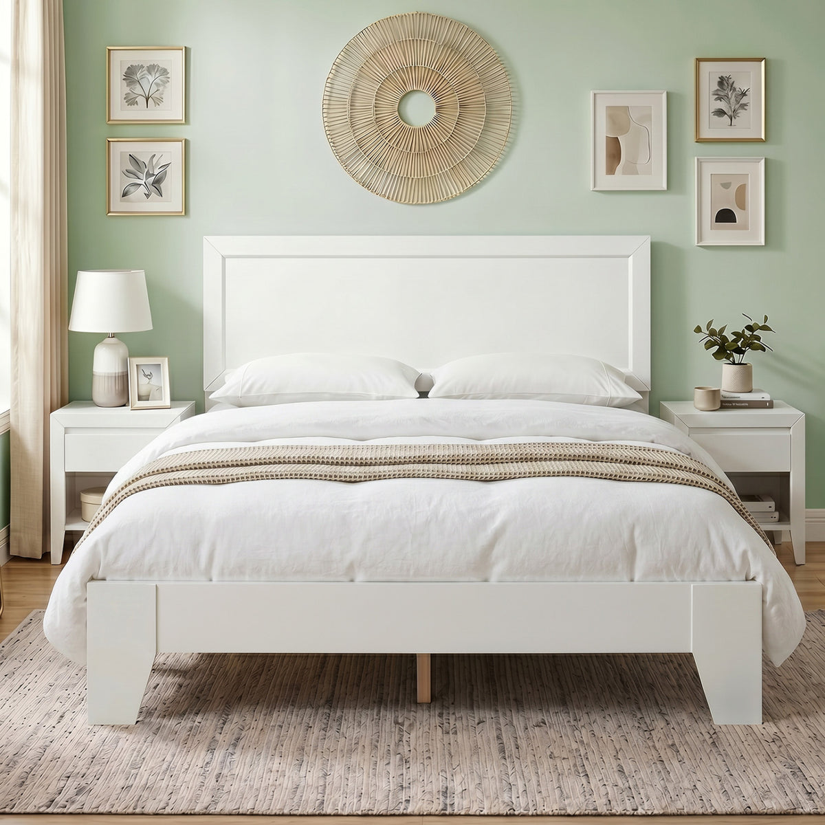 Modern walnut full-size bed frame with headboard, no box spring needed, in a contemporary bedroom setting.