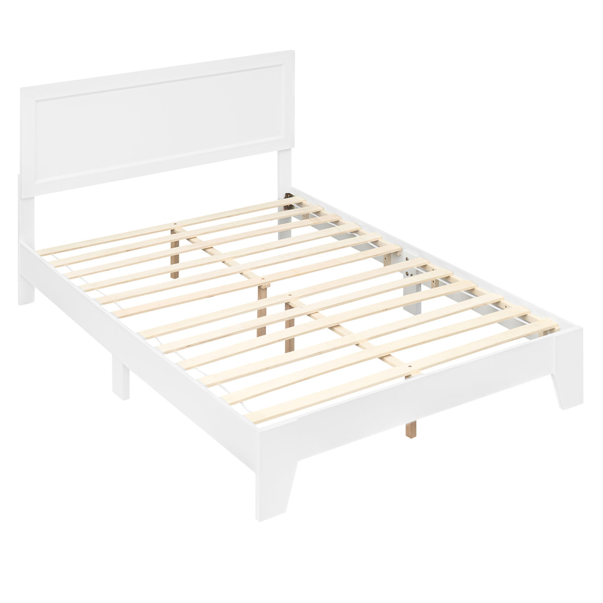 Modern walnut full size bed frame with headboard, no box spring needed, sleek bedroom furniture by Wilsons Home Store