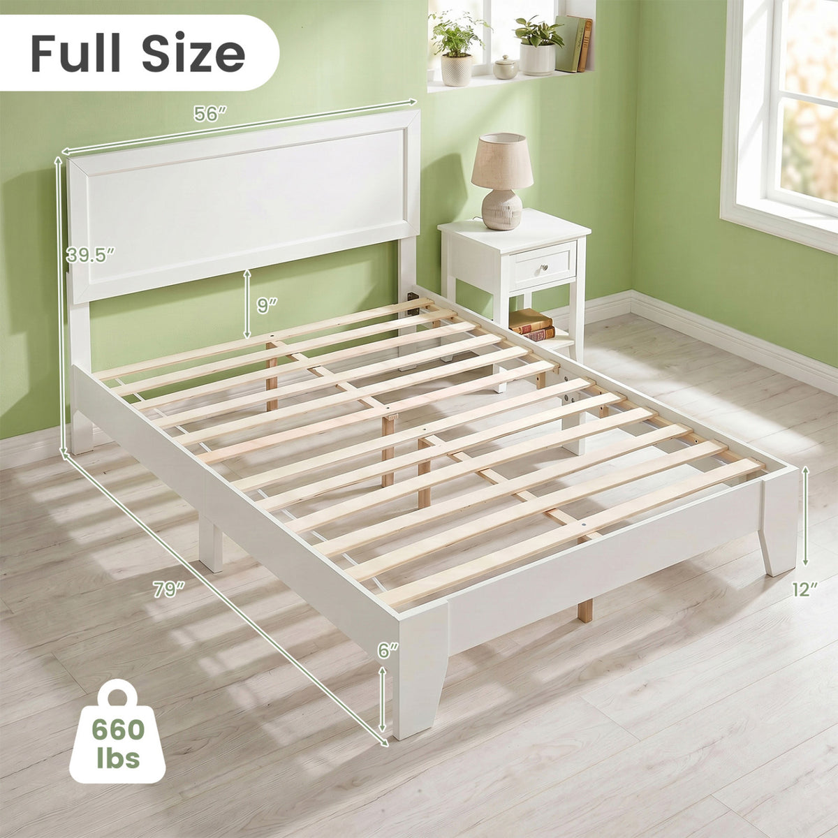 Modern walnut full-size bed frame with headboard, no box spring needed, sleek bedroom furniture from Wilsons Home Store.