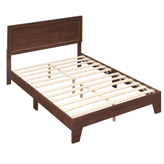Modern walnut full-size bed frame with sleek headboard, no box spring needed, designed for contemporary bedrooms.