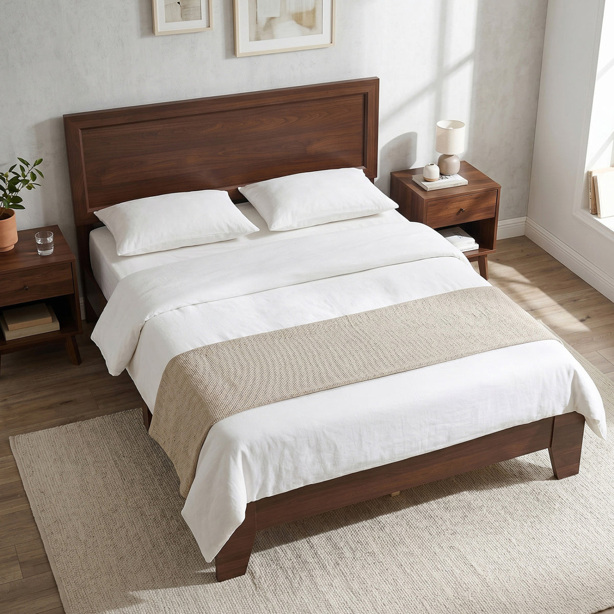 Modern walnut full-size bed frame with headboard, no box spring needed, sleek bedroom furniture from Wilsons Home Store