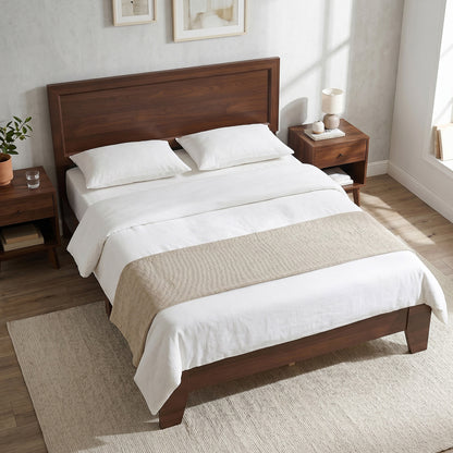 Modern walnut full-size bed frame with headboard, no box spring needed, sleek bedroom furniture from Wilsons Home Store