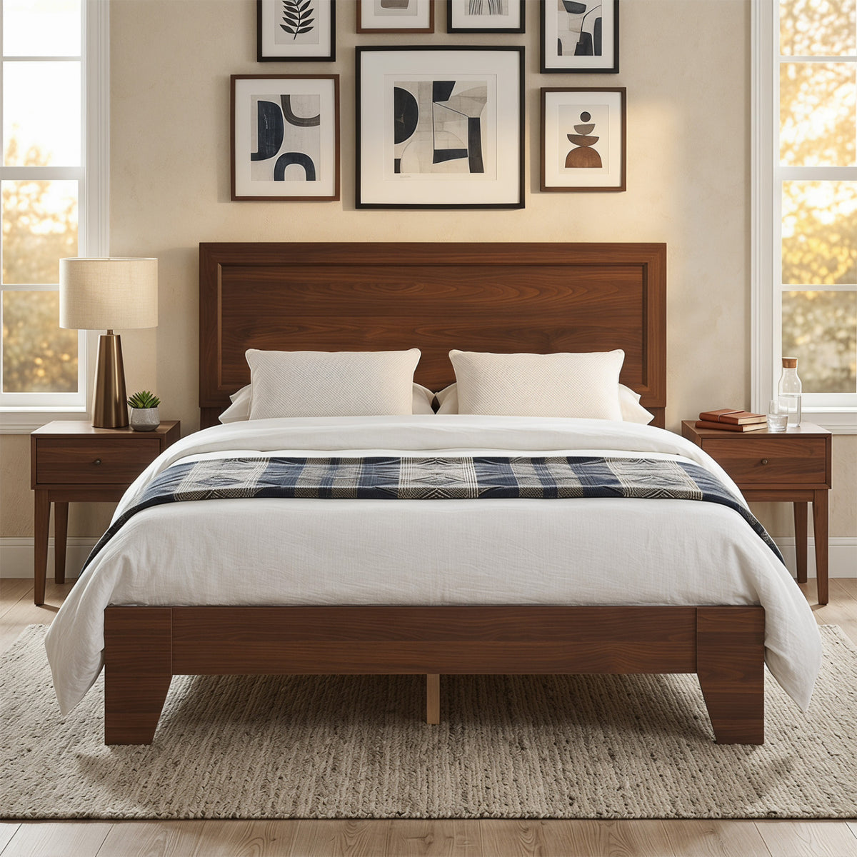 Modern walnut full-size bed frame with headboard, no box spring needed, sleek bedroom furniture by Wilsons Home Store