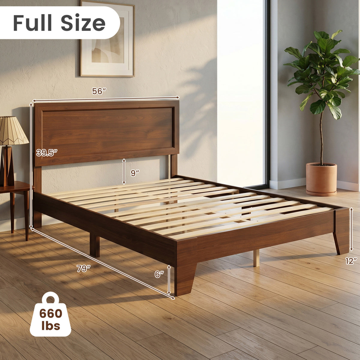 Modern walnut full-size bed frame with headboard, no box spring needed, sleek bedroom furniture by Wilsons Home Store