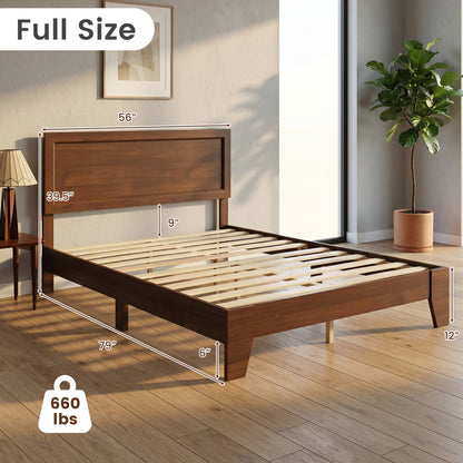 Modern walnut full-size bed frame with headboard, no box spring needed, sleek bedroom furniture by Wilsons Home Store
