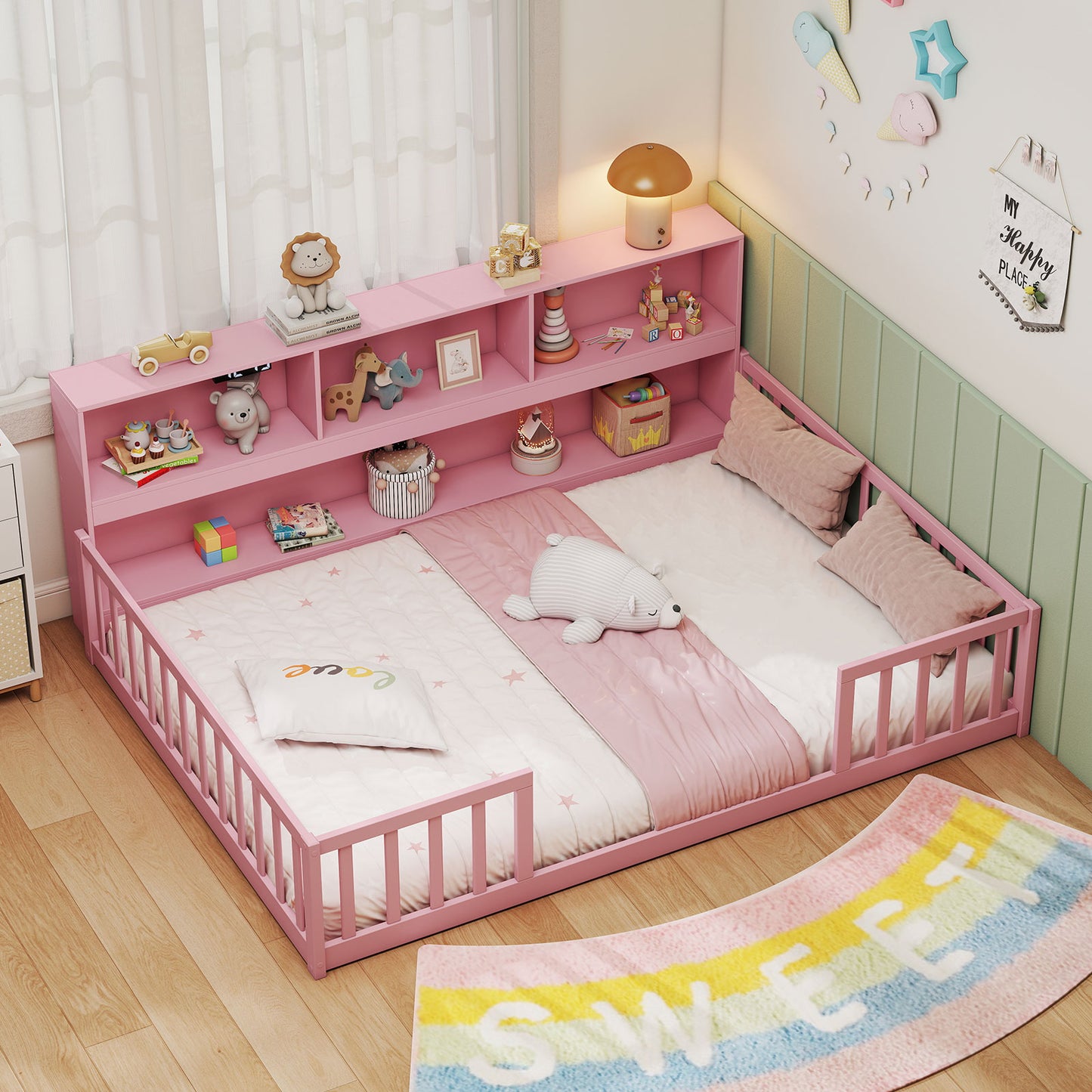Full Size Montessori Floor Bed with Bookcase-Natural