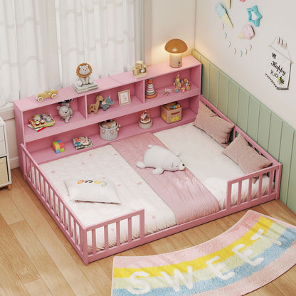 Full Size Montessori Floor Bed with Bookcase-Natural