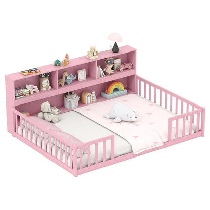 Full Size Montessori Floor Bed with Bookcase-Natural