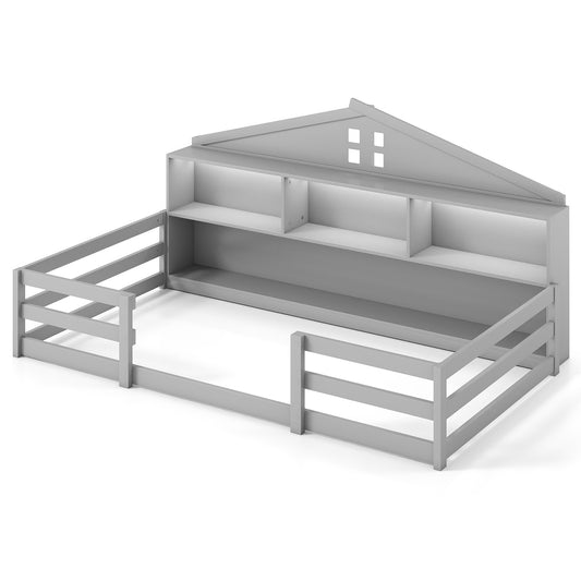 Full Size Montessori Floor Bed with Storage Compartments and Shelf-Gray