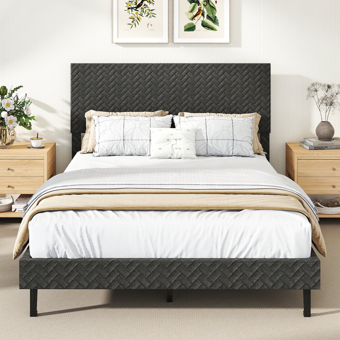 Full Size Velvet Bed Frame Upholstered Platform Bed with Chevron Headboard Gray