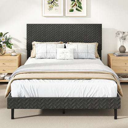 Full Size Velvet Bed Frame Upholstered Platform Bed with Chevron Headboard Gray