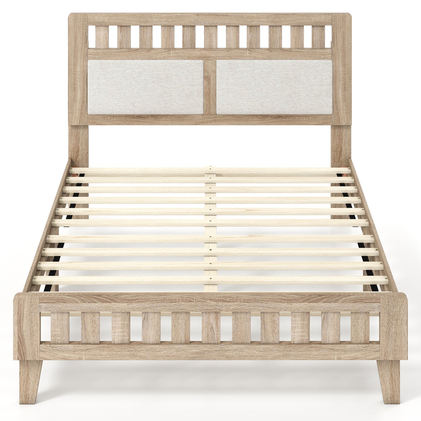 Full Size Wood Bed Frame with Upholstered Headboard Mid Century Style