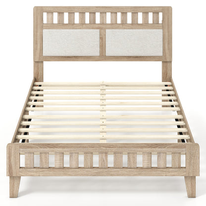 Full Size Wood Bed Frame with Upholstered Headboard Mid Century Style