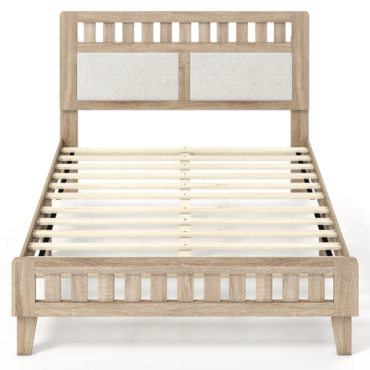 Full Size Wood Bed Frame with Upholstered Headboard Mid Century Style