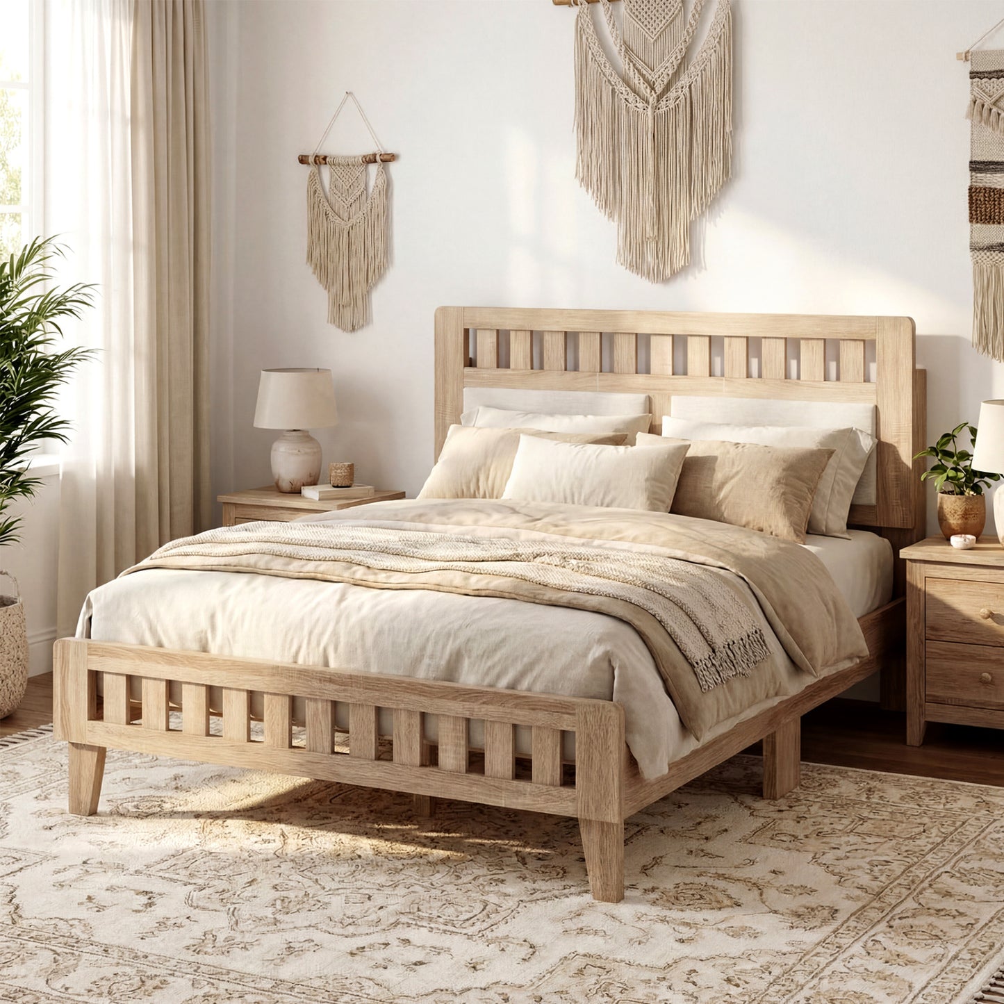 Full Size Wood Bed Frame with Upholstered Headboard Mid Century Style