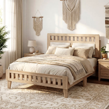 Full Size Wood Bed Frame with Upholstered Headboard Mid Century Style