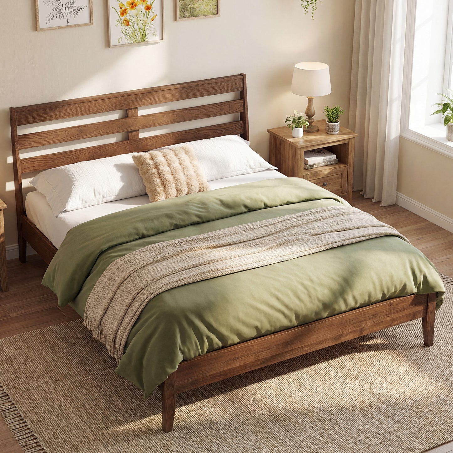 Full Size Wood Platform Bed Frame with Slat Headboard