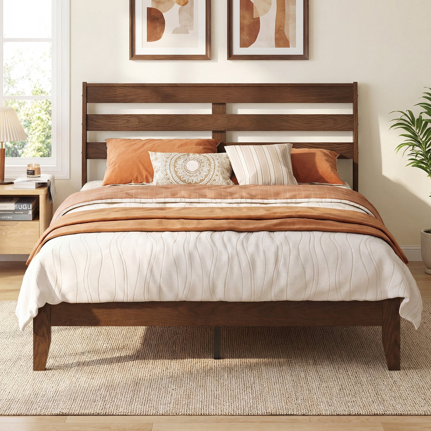 Full Size Wood Platform Bed Frame with Slat Headboard