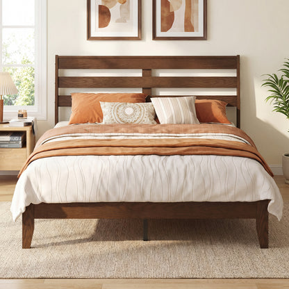 Full Size Wood Platform Bed Frame with Slat Headboard