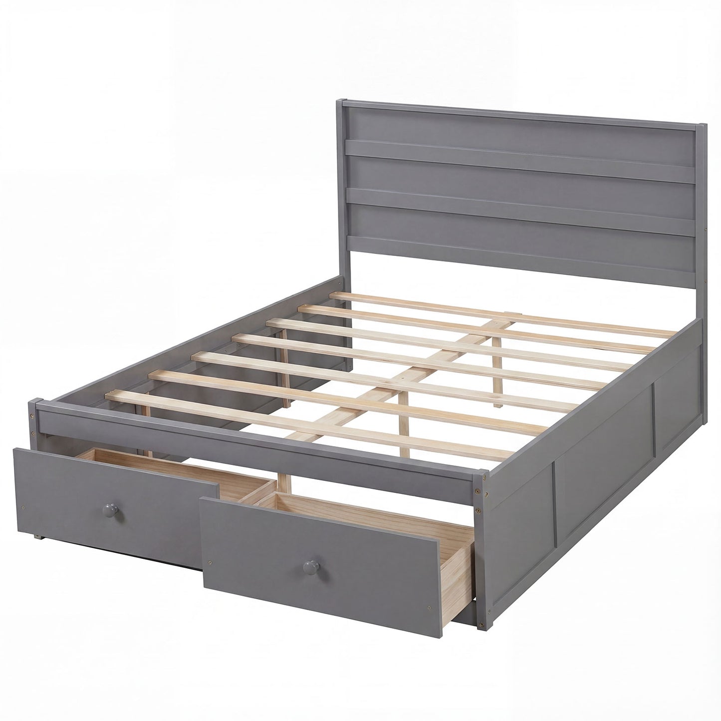 Full Size Wooden Platform Bed Frame with Storage Drawers-Gray