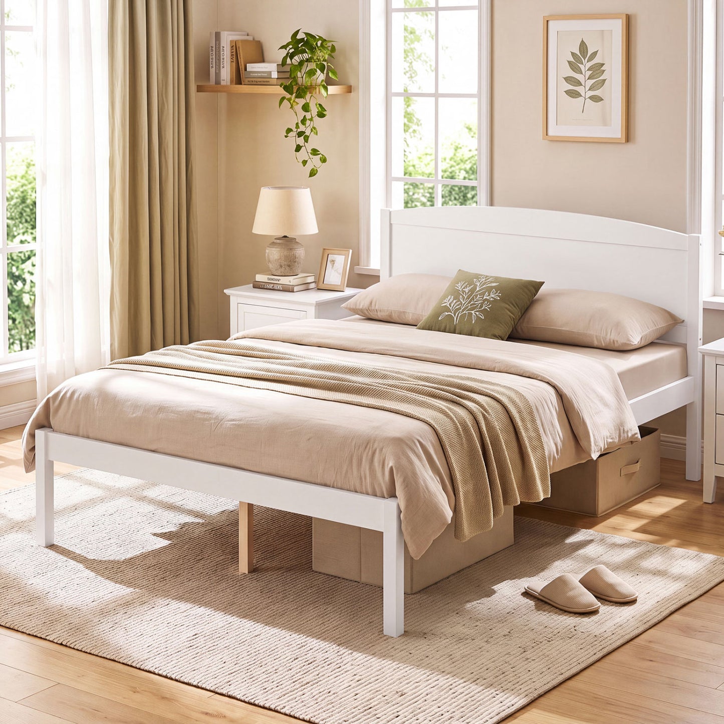 Full Size Wooden Platform Bed Frame with Curved Headboard-Walnut