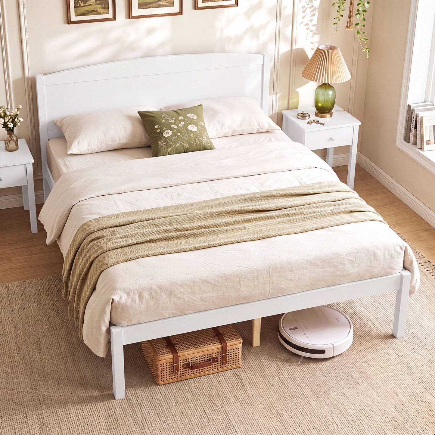 Full Size Wooden Platform Bed Frame with Curved Headboard-Walnut