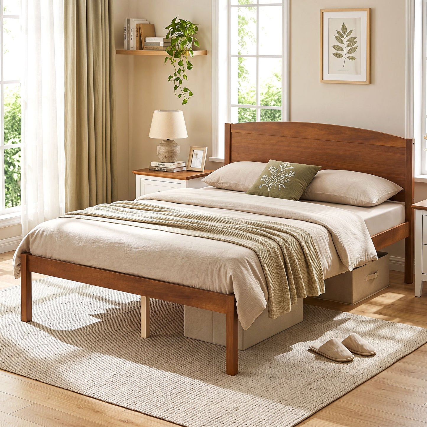 Full Size Wooden Platform Bed Frame with Curved Headboard-Walnut