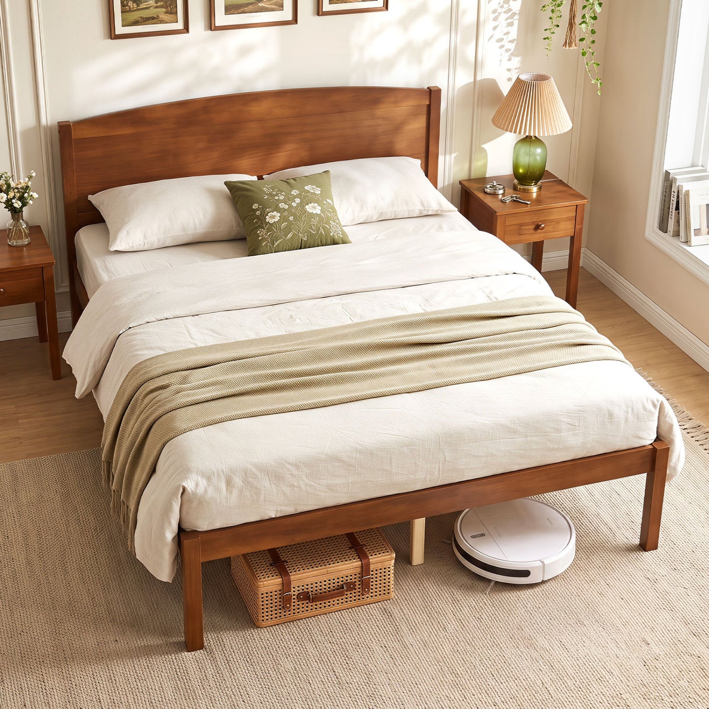 Full Size Wooden Platform Bed Frame with Curved Headboard-Walnut