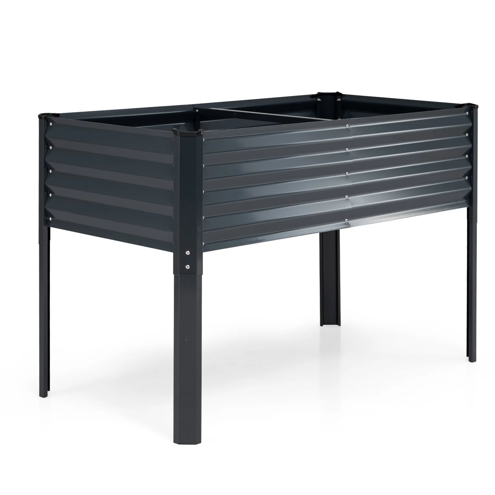 Galvanized metal raised garden bed with legs, 46x24x31 inches, outdoor elevated planter box in gray for gardening.