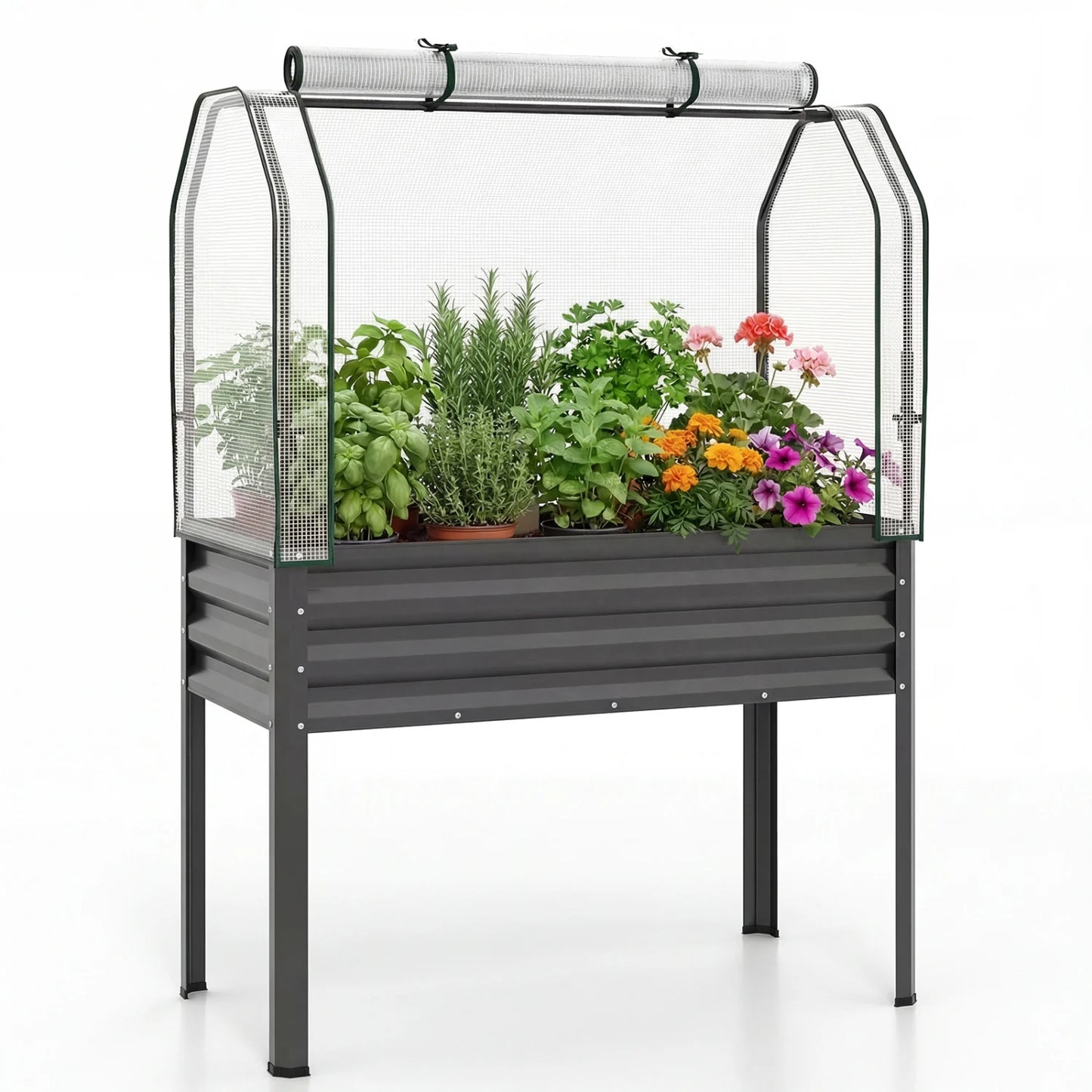 Galvanized raised garden bed with legs and green greenhouse cover for vegetables and flowers, black outdoor gardening solution.