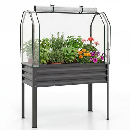 Galvanized raised garden bed with legs and green greenhouse cover for vegetables and flowers, black outdoor gardening solution.