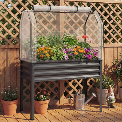 Galvanized raised garden bed with legs and green greenhouse cover for vegetables and flowers, outdoor garden planter by Wilsons Home Store.