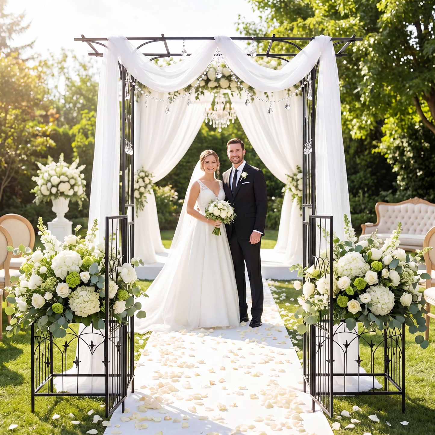 Garden Arbor with Gate and Planter Boxes Heavy Duty Metal Arch with Side Trellis