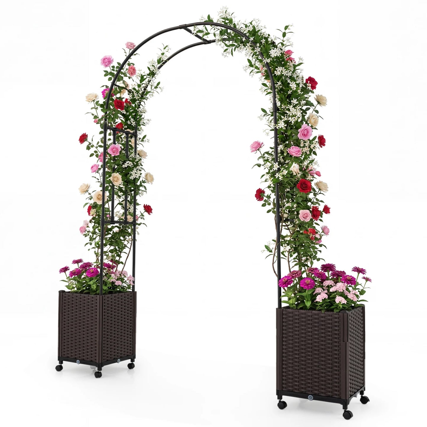 Garden Arch Trellis with 2 Self-watering Planter Boxes for Party Yard Lawn-Black