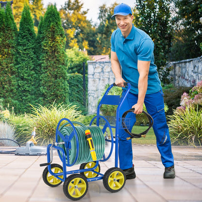 Garden Hose Reel Cart Metal Hose Cart with 4 Wheels and Storage Basket-Blue