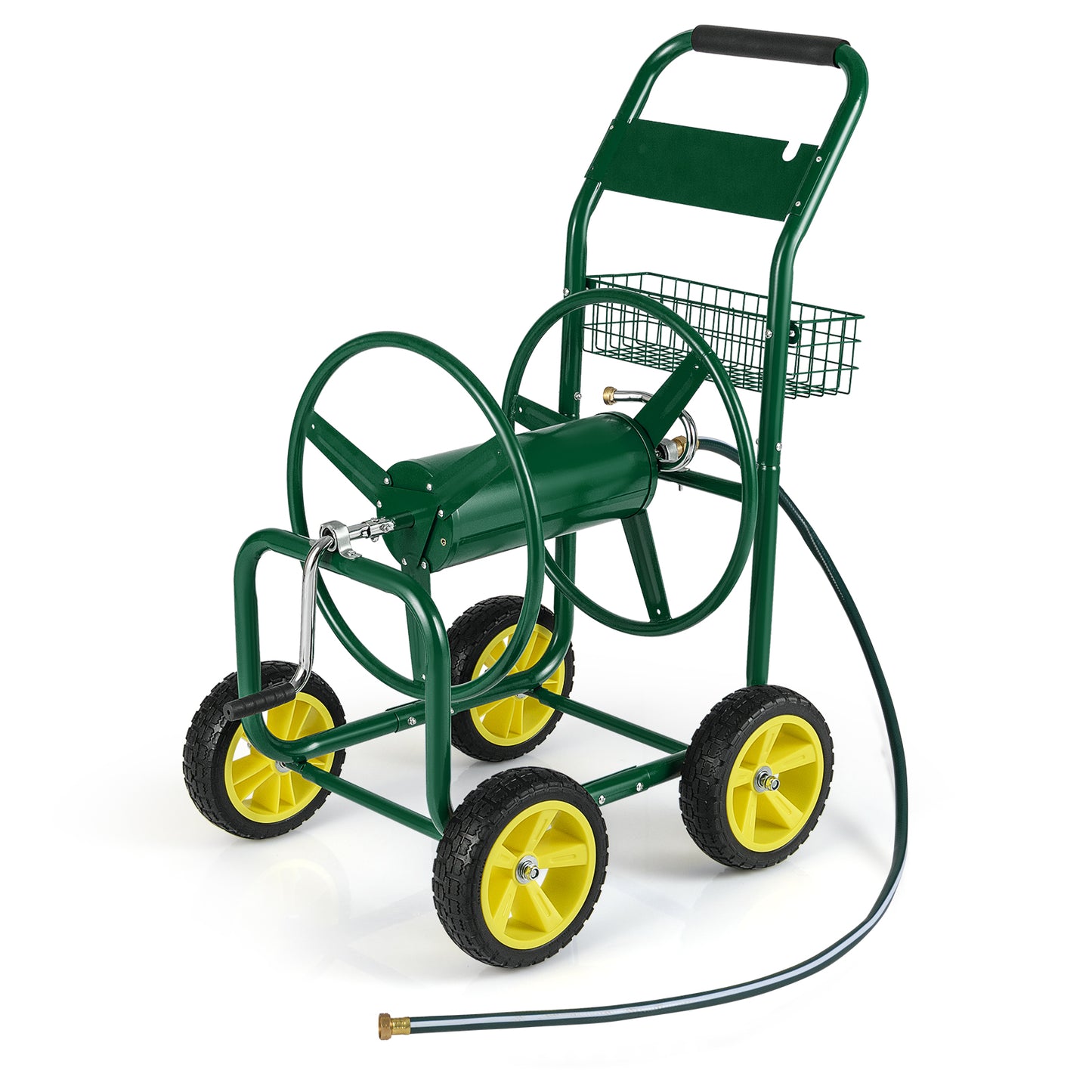 Garden Hose Reel Cart Metal Hose Cart with 4 Wheels and Storage Basket-Blue