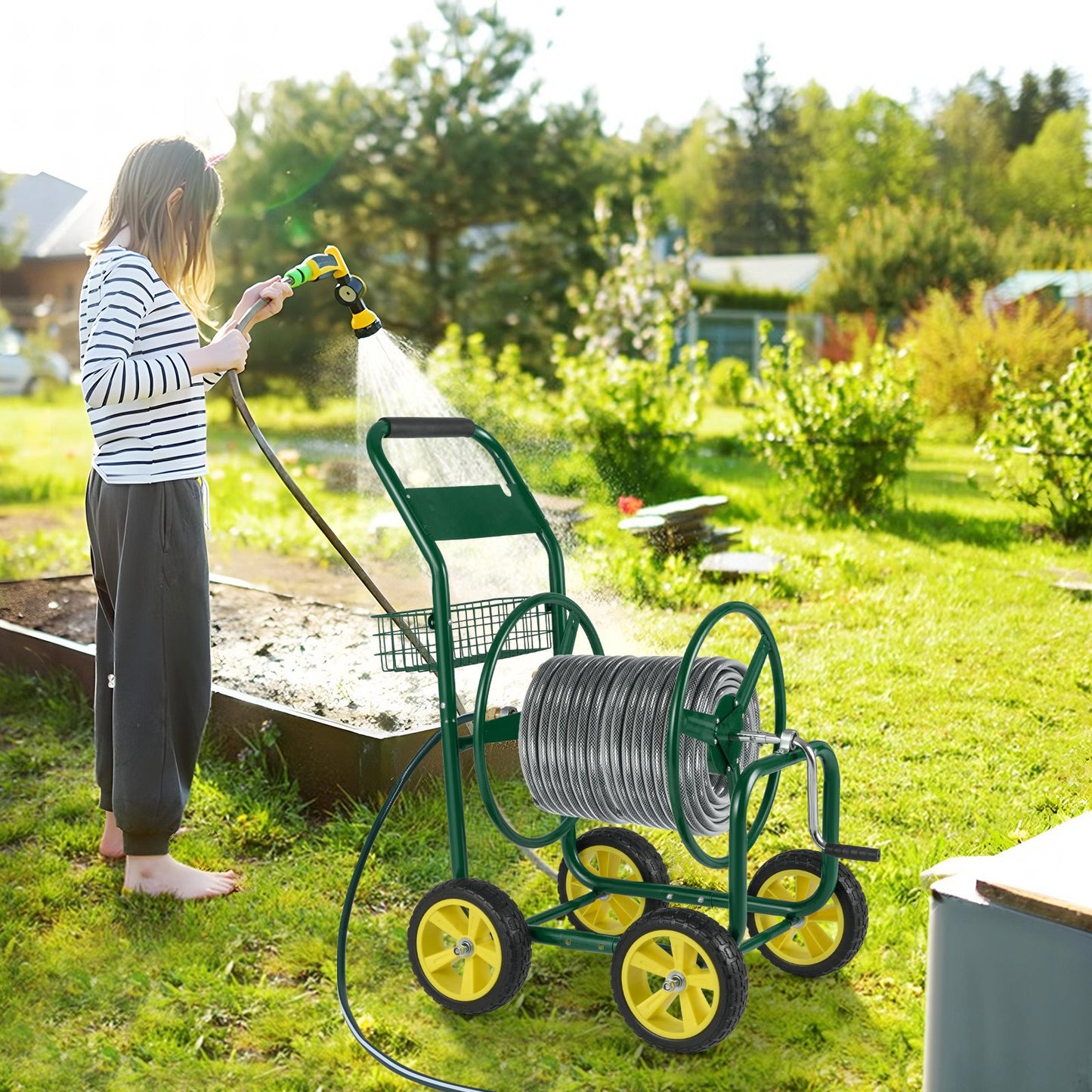 Garden Hose Reel Cart Metal Hose Cart with 4 Wheels and Storage Basket-Blue