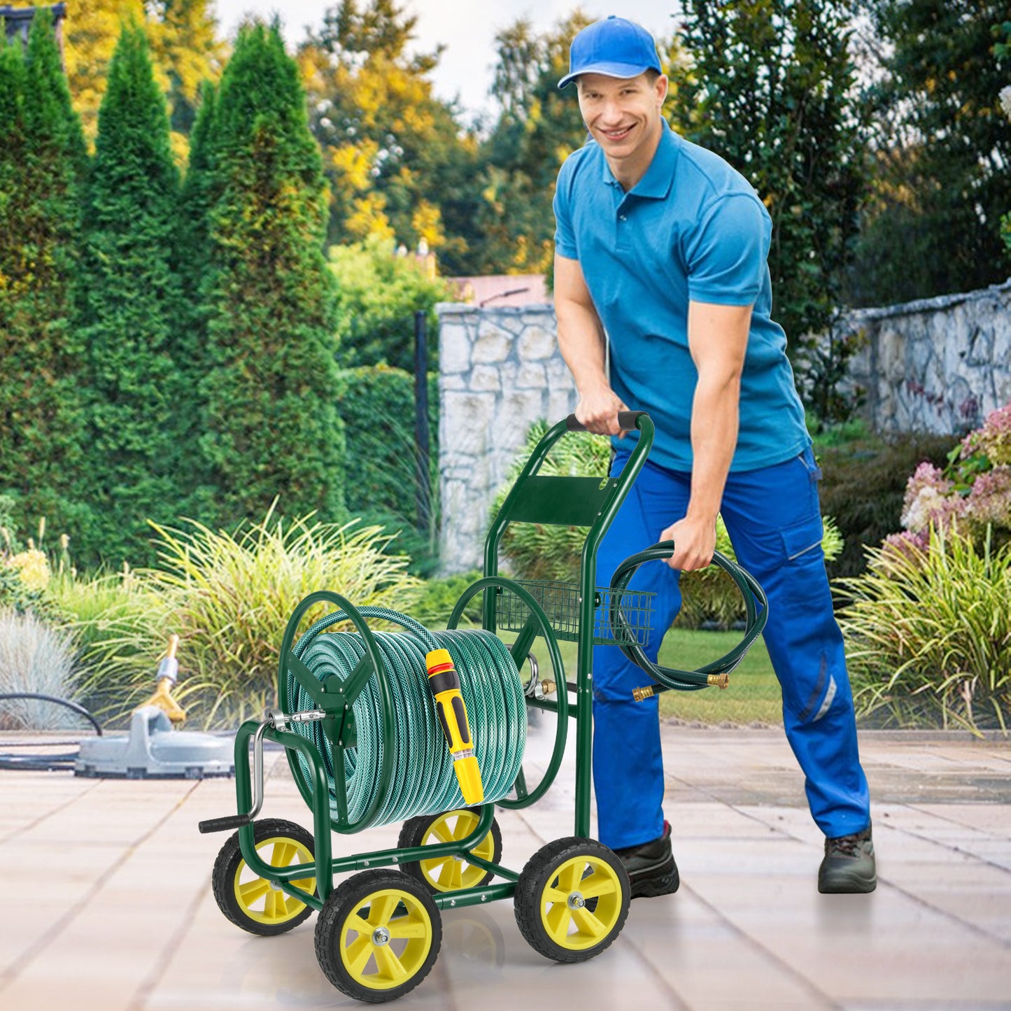 Garden Hose Reel Cart Metal Hose Cart with 4 Wheels and Storage Basket-Blue