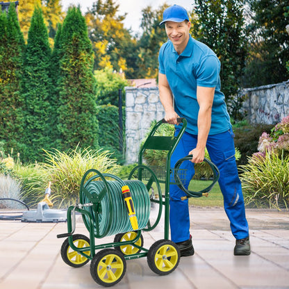 Garden Hose Reel Cart Metal Hose Cart with 4 Wheels and Storage Basket-Blue