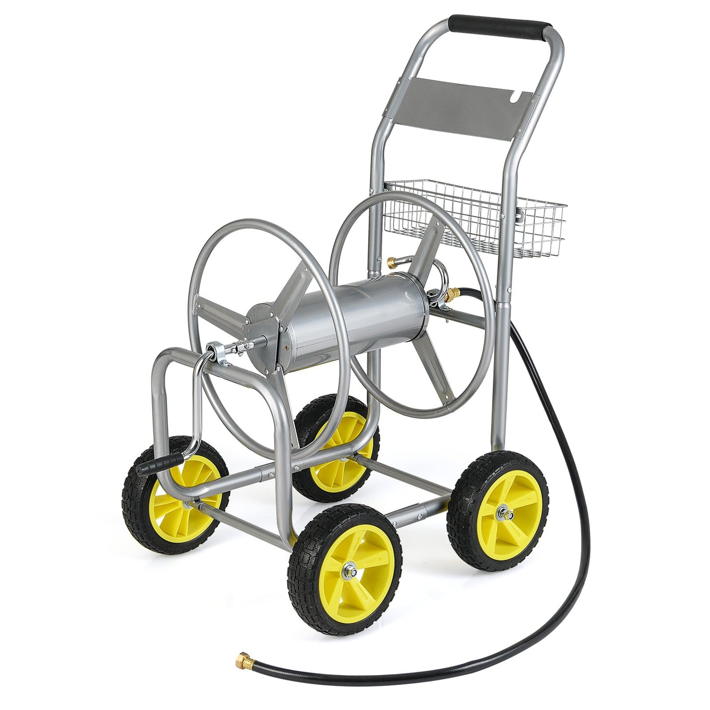 Garden Hose Reel Cart Metal Hose Cart with 4 Wheels and Storage Basket-Blue