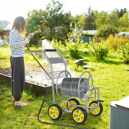 Garden Hose Reel Cart Metal Hose Cart with 4 Wheels and Storage Basket-Blue