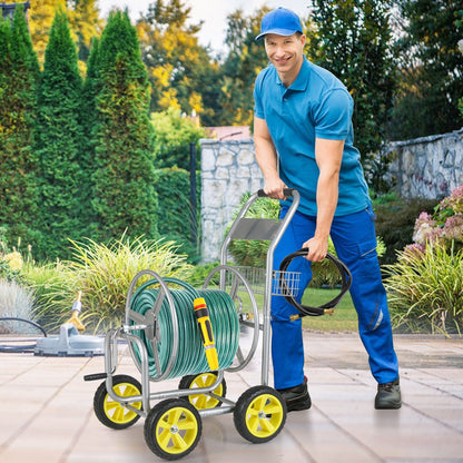 Garden Hose Reel Cart Metal Hose Cart with 4 Wheels and Storage Basket-Blue