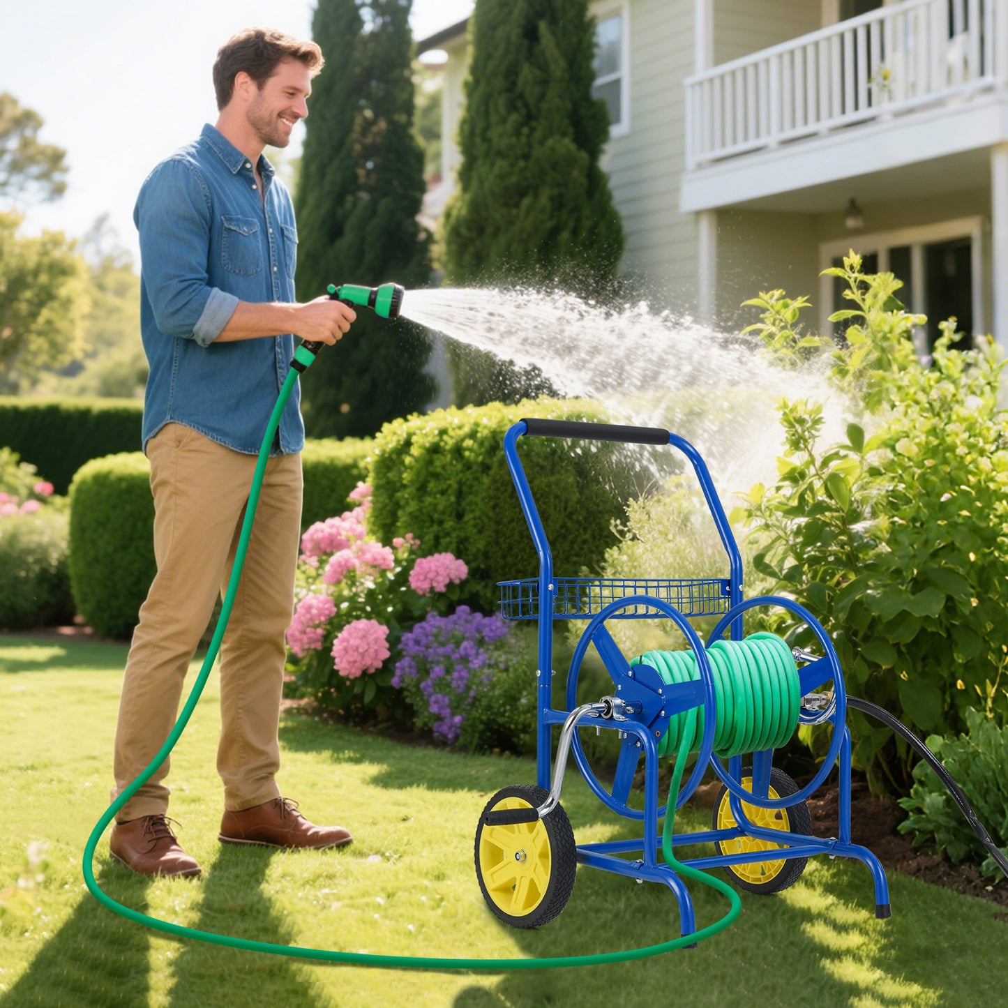 Garden Hose Reel Cart with 2 Wheels and Storage Basket-Blue
