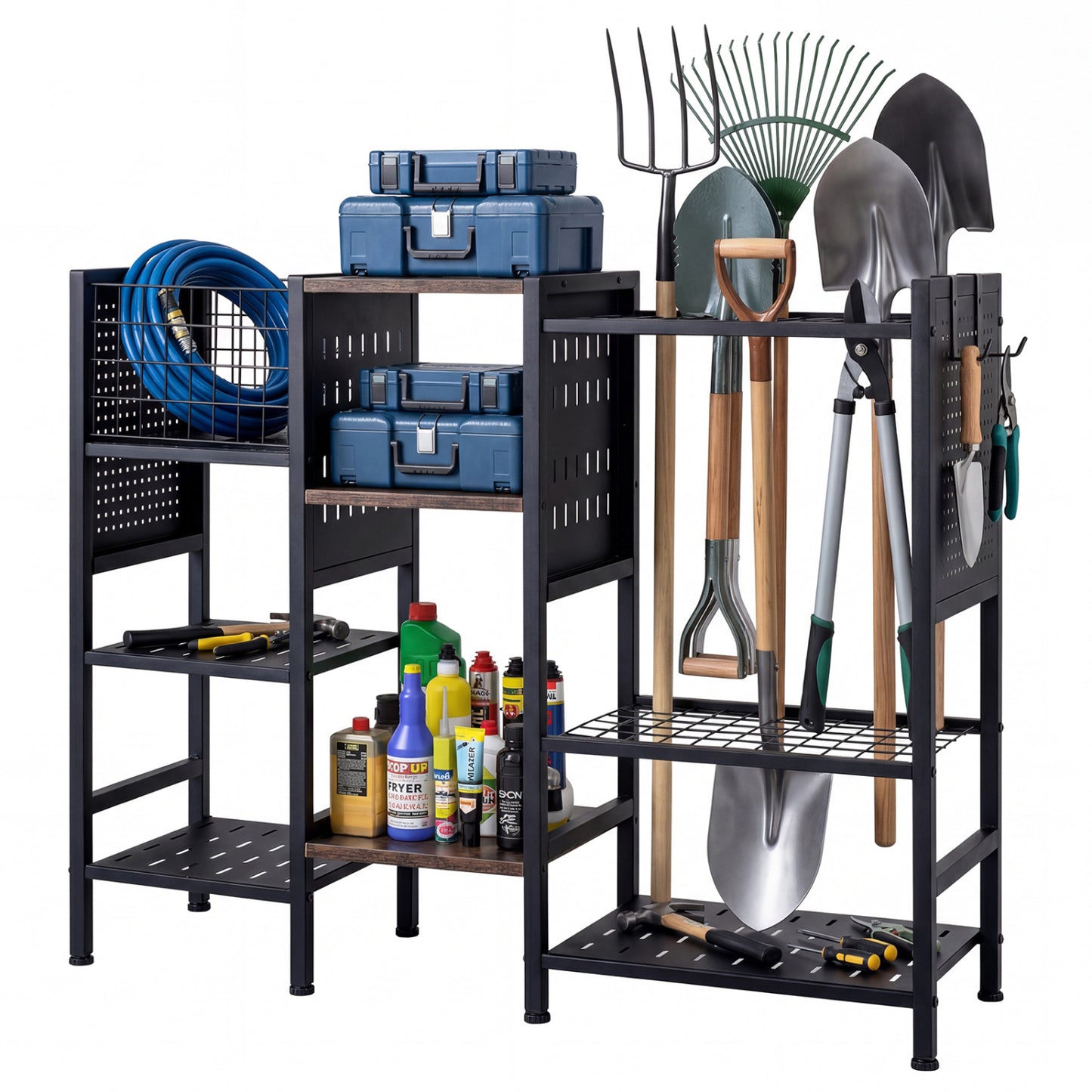 Garden Tool Organizer with Wooden Shelves for Garage and Shed-Black