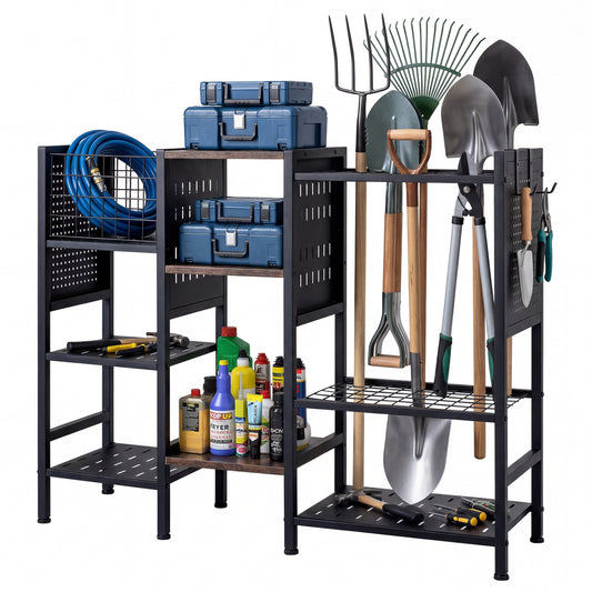 Garden Tool Organizer with Wooden Shelves for Garage and Shed-Black