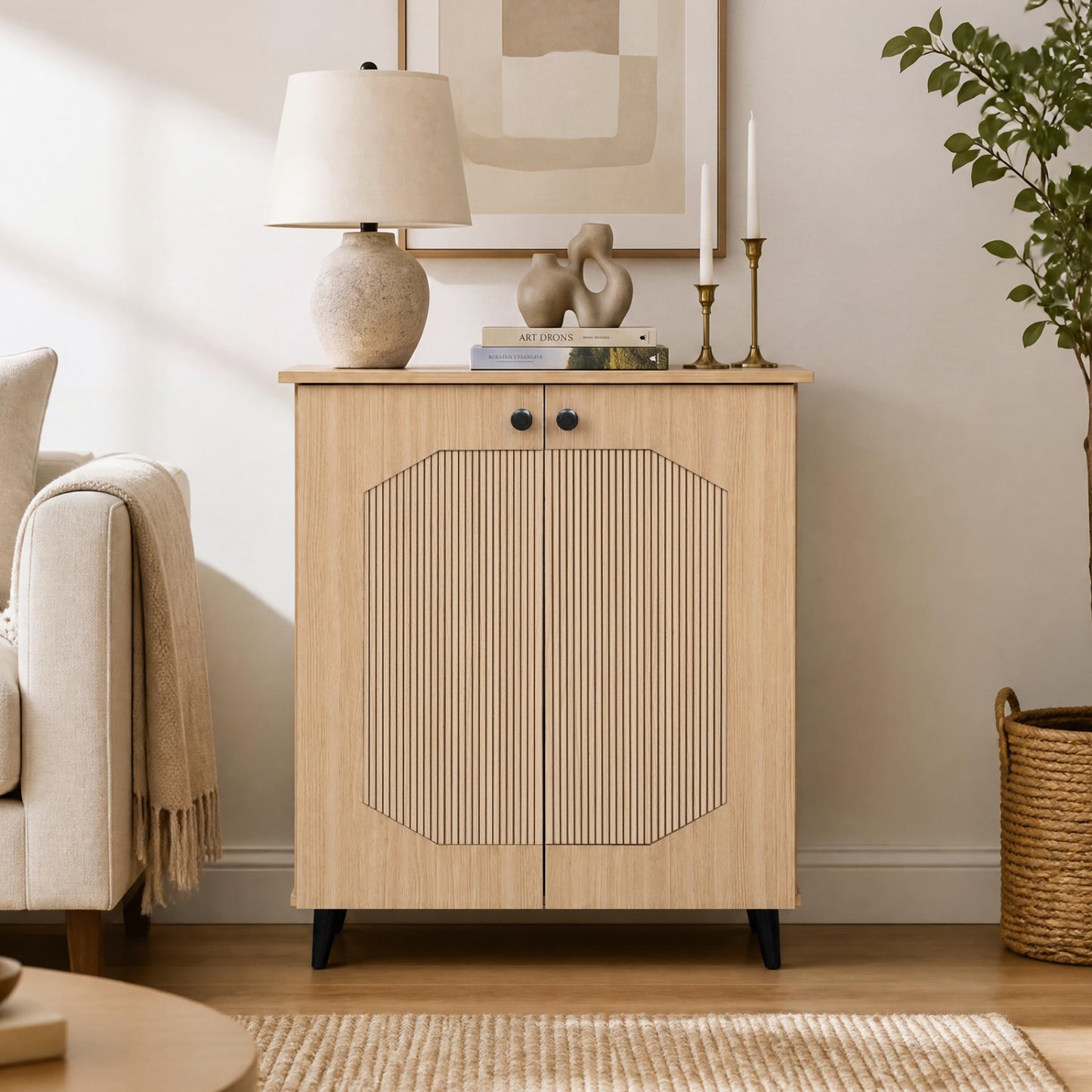 Geometric Cabinet 2‑Door PU‑like Freestanding Footwear Storage with Carved Panels for Entryway Hallway Living Room-Natural