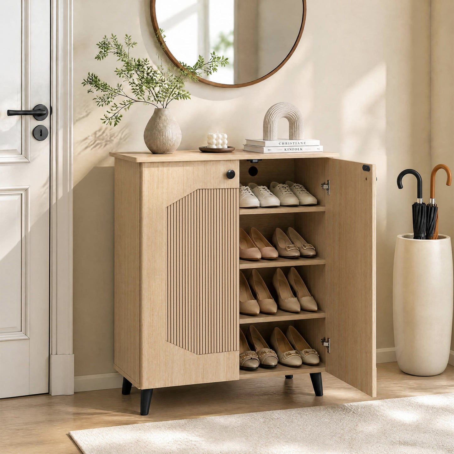 Geometric Cabinet 2‑Door PU‑like Freestanding Footwear Storage with Carved Panels for Entryway Hallway Living Room-Natural